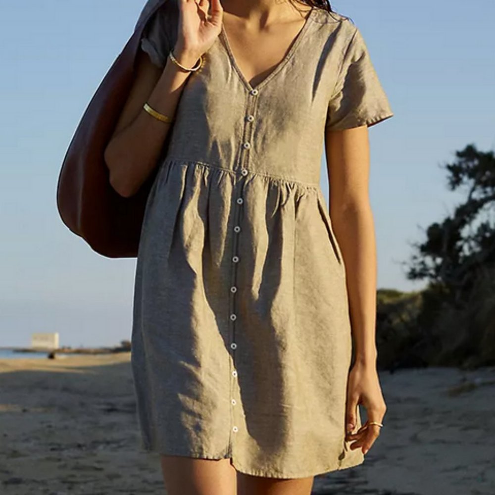Madewell - Petite Linen-Blend Alexandra Button Mini Dress - Tan - size XS.